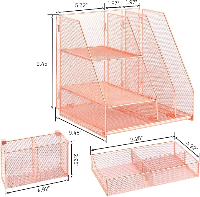 Topwey Rose Gold Desk Accessories, Office Supplies Desk Organizer Caddy with Sliding Drawer, Double Tray, File Organizer and pen holder for Home, Office School - Image 7