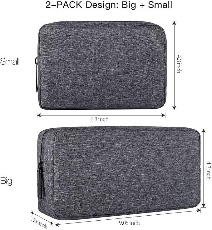 Universal Electronics Accessories Carrying Case, 2PCS Big + Small Portable Storage Pouch, Cosmetic Bag, Cable Organizer Compatible Hard Drive, Mouse, Power Bank, Adapter, Cellphone, Space Gray - Image 2