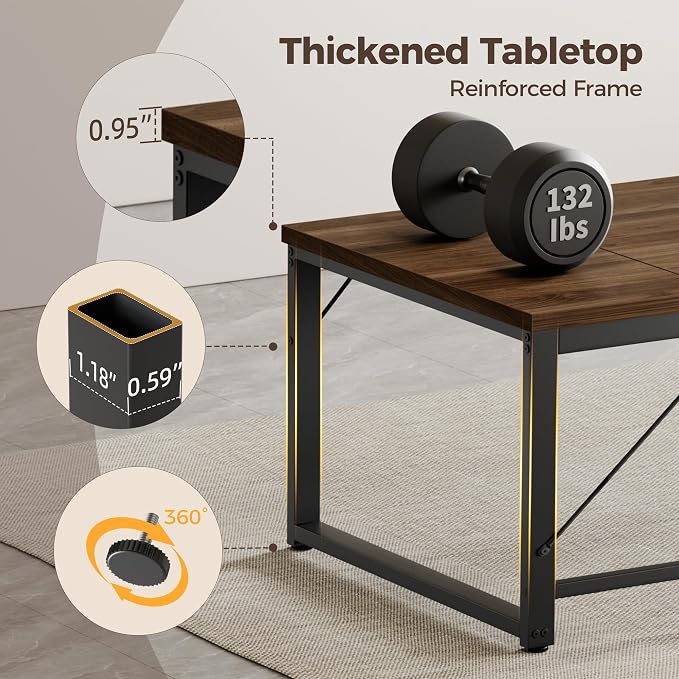 Mericonia 63x28 Inch Computer Desk, 1" Thick Large Office Table, Walnut | Modern Simple Style, Heavy Duty Industrial Frame, Large Study & Writing Table for Home Bedroom Work - Image 4