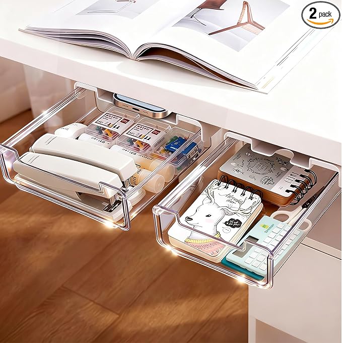TooCust 2 Pack Under Desk Storage Drawers Slide Out-Drill-On or Self-Adhesive,Large&Medium Drawer Under Desk Organizer Under Table Drawer for Home Office School Organization and Storage by TooCust