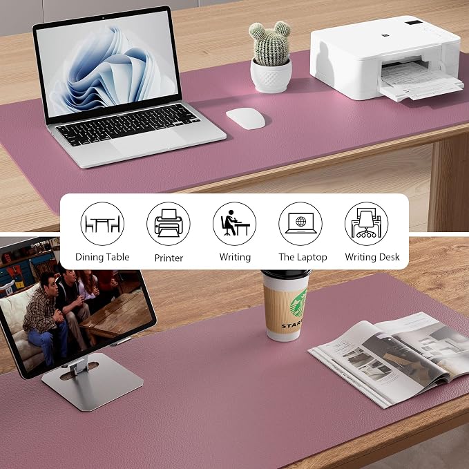 Aothia Leather Desk Pad Protector, Mouse Pad, Office Desk Mat, Non-Slip PU Leather Desk Blotter, Laptop Desk Pad, Waterproof Desk Writing Pad for Office and Home (48"x17", Dark Pink) - Image 5
