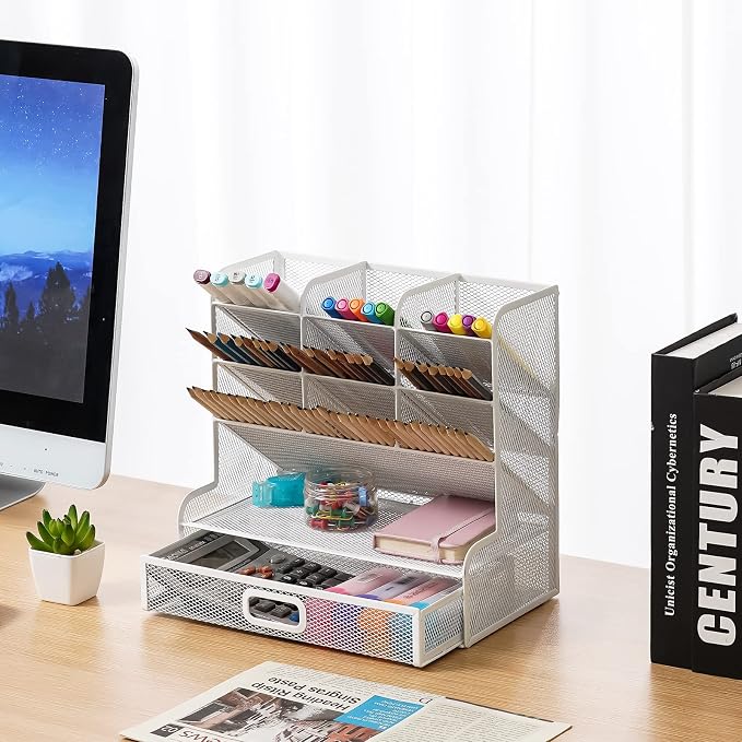 Marbrasse Mesh Desk Organizer - Multi-Functional Pen Holder with Drawer, Desktop Stationary Storage Rack for School, Home, Office, Art Supplies (White Mesh) - Image 4