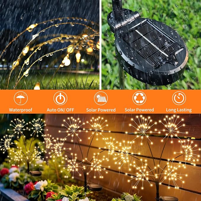 JJGoo 2 Pack Solar Garden Lights Outdoor Waterproof, New Upgraded 6 Branches Firework Starburst Lights with 2 Modes, Solar Fairy Lights for Yard Garden Patio Pathway Party Decor - Warm White - Image 3
