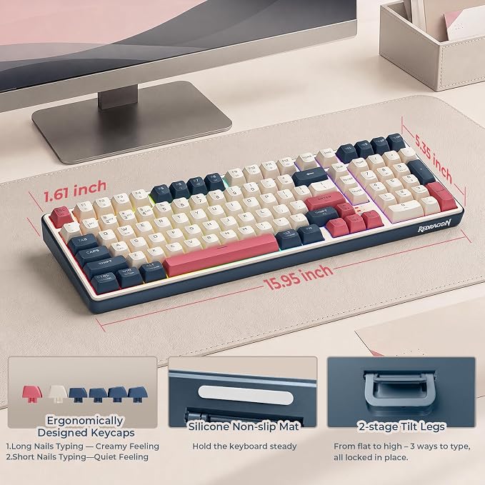 Redragon S174 Gaming Keyboard and Mouse Wireless with Tri-Mode, RGB Keyboard and 5000 DPI 61G Ultra-Light Gaming Mouse, Computer Keyboard Creamy Cute with Number Pad BT/2.4GHz/USB-C - Beige - Image 3