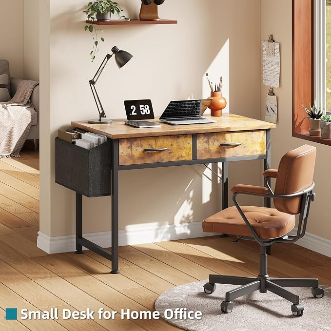 CAIYUN Computer Office Desk for Small Space with Fabric Drawers, Home Office Desk for Bedroom with Side Pocket and Hook, 31 Inch Brown Kid’s Desk, Writing Desk, Study Table and Work Desk - Image 2