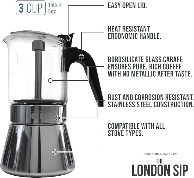 The London Sip Glass and Stainless Steel Stovetop Espresso Maker Moka Pot Italian Coffee Percolator, Glass, Small (5.07 oz) - Image 2