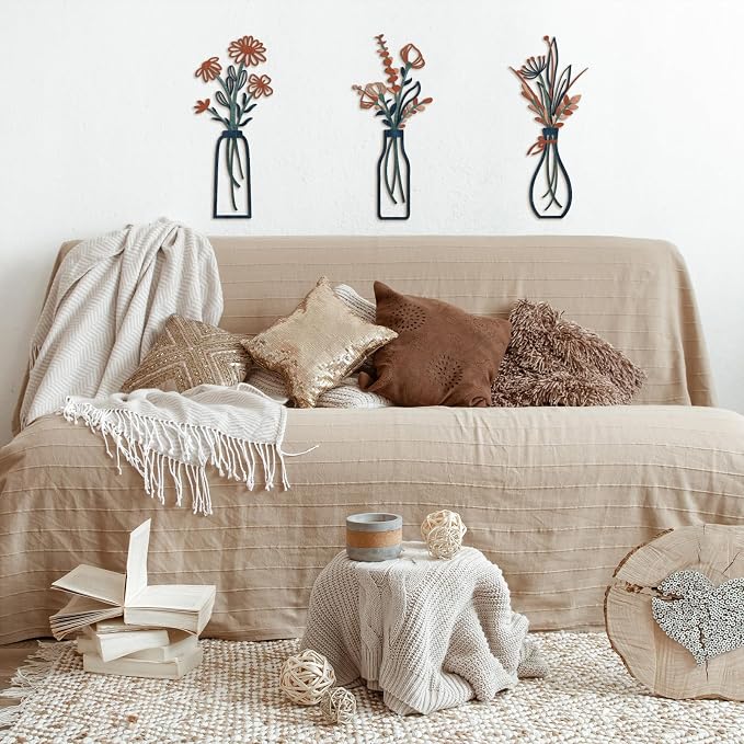 Pigort 3 Pieces Metal Flowers Wall Arts - Rustic Farmhouse Decor Minimalist Flower Wall Decors for Living room Bathroom Bedroom Dining Room-Housewarming Gifts - Image 3