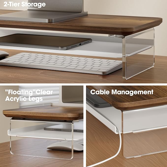 Fenge 23.6" Monitor Stand with Clear Acrylic Legs, Brown | Clear acrylic, storage compartment, 2-tier home office monitor riser, wide large desktop shelf fit monitor/laptop/printer - Image 3