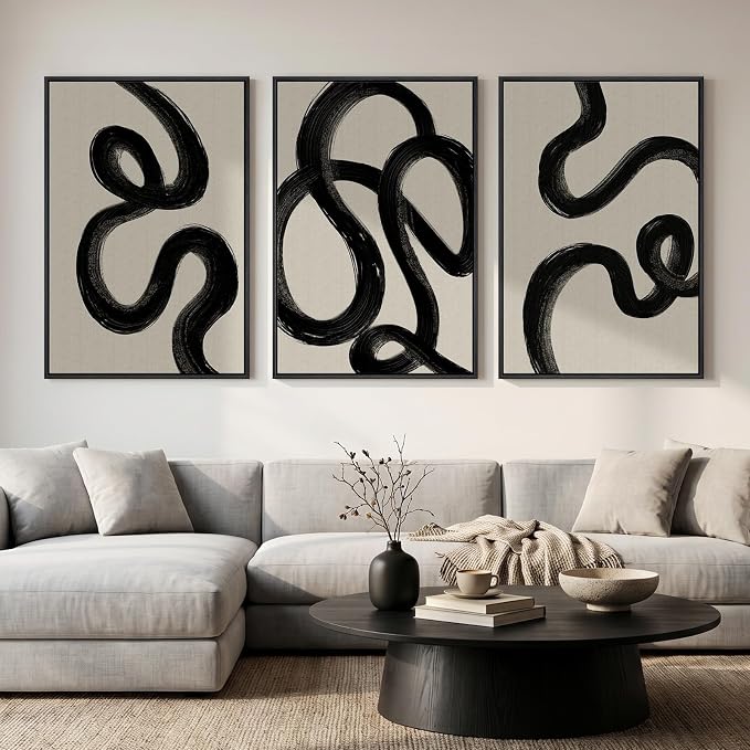 Large Framed Black and White Abstract Wall Art for Living Room, Set of 3 Modern Minimalist Canvas Prints Paintings Artwork for Walls, Neutral Pictures Wall Decor for Bedroom Hallway Office, 24x36 In by Cuspin