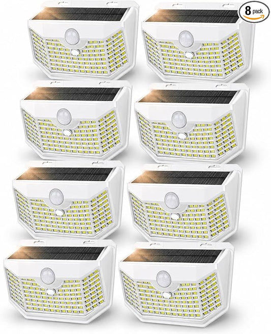 HMCITY 120 LED Solar Lights Outdoor with Motion Sensor and 3 Lighting Modes, IP65 Waterproof Wide Solar Wall Lights Ideal for Garden Patio Yard (Front Button 8Packs, White Shell-Daylight White) by LightingUpYourLife