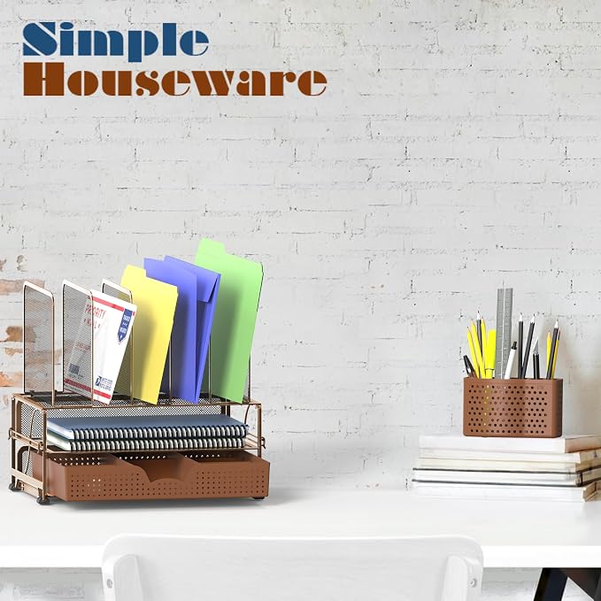 Simple Houseware Desk File Organizer for Office Supplies w/Drawer, Copper | Double Tray, Pencil Holder, and 5 Upright Sections with Sliding Drawer - Image 6