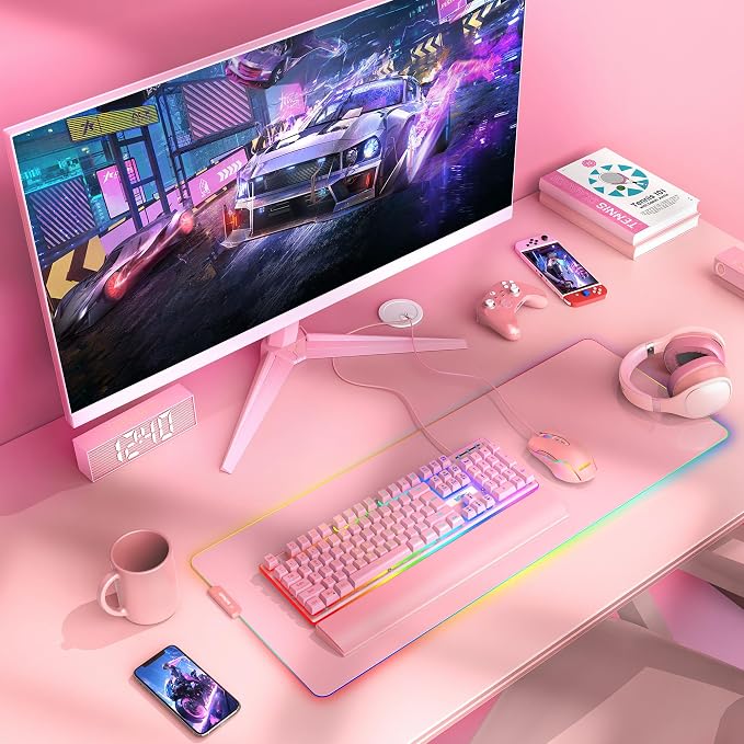 RedThunder K10 Wired Gaming Keyboard and Mouse and Wrist Rest Combo, RGB Backlit, Mechanical Feel Anti-ghosting Keyboard + 7D 7200 DPI Mice+Soft Leather Wrist Rest 3 in 1 PC Gamer Accessories(Pink) - Image 2