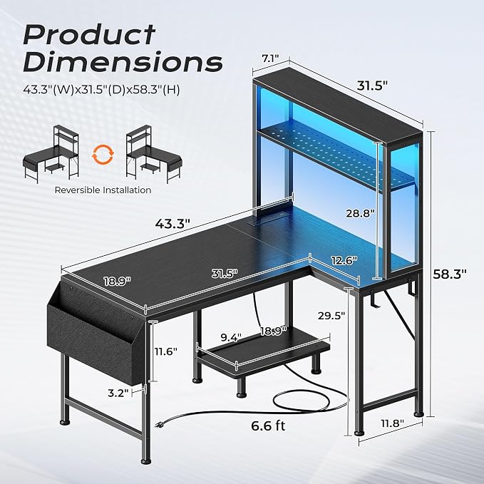 PRAISUN L Shaped Gaming Desk with LED Lights & Power Outlets, Reversible Computer Desk with Storage Shelves & Bag, Small Corner Home Office Desk with Pegboard for Work from Home, Black - Image 2