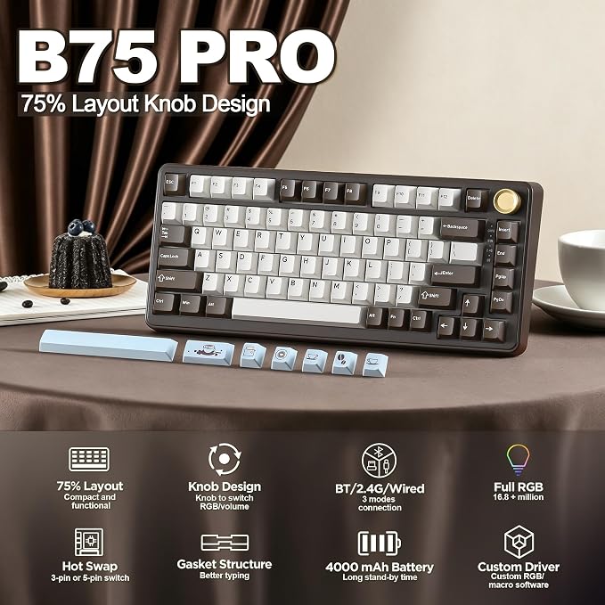 YUNZII B75 PRO 75% Wireless Mechanical Keyboard (Coffee Brown, MilkV2) | Hot Swap Keyboard with Knob, Gasket Mount, Creamy Pre-lubed Switch for Smooth Typing, BT/USB-C/2.4G, for Gaming - Image 2