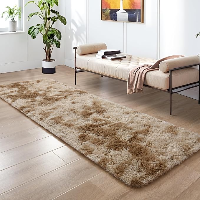 Tepook Fluffy Runner Rugs for Bedroom Aesthetic 2x6 Feet, Shag Soft Bedside Rug with Non-Slip Bottom, Fuzzy Plush Carpet for Room, Hallway Rug for Nursery Dorm Indoor Home Decor, Tie-Dyed Beige - Image 3