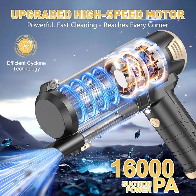 KMM Handheld Car Vacuum Cleaner, 16000PA Air Duster & Vacuum Cleaner, 120W High Power Hand Held Vacuum Cordless, Portable Vacuum Rechargeable with Multi-Nozzles & LED Light for Car, Home, Pet, Office - Image 2