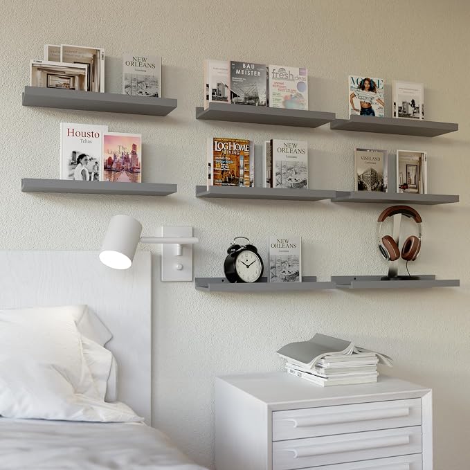 RICHER HOUSE 8 Set Floating Wall Mounted Shelves, Nursery Hanging Book Shelves with Lip for Storage, Gray Display Picture Ledge Shelf for Bedroom Bathroom Kitchen Living Room Wall Decor, Modern Grey | Display Picture Ledge Shelf, Anti-drop lip Shelf fo... - Image 2