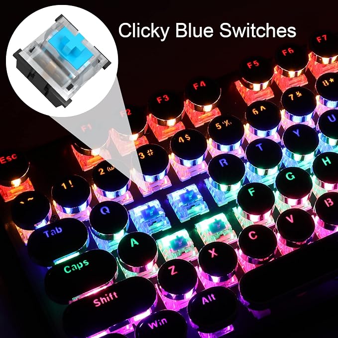 Camiysn Typewriter Style Mechanical Gaming Keyboard, Black Retro Punk Gaming Keyboard with RGB Backlit, 104 Keys Blue Switch Wired Cute Keyboards, Round Keycaps for Windows/Mac/PC - Image 4