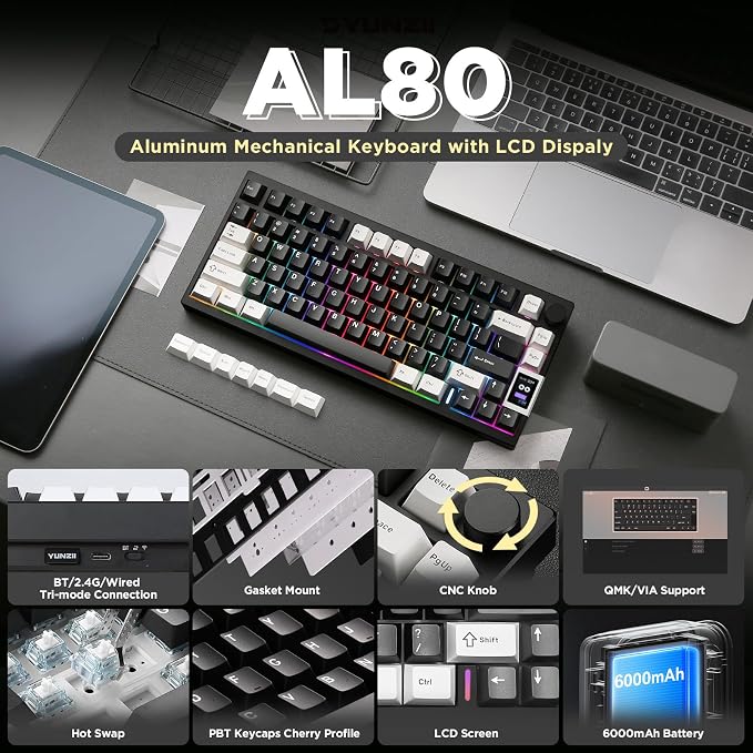 YUNZII AL80 75% Wireless Aluminum Mechanical Keyboard(Black, Cocoa Cream) | QMK/VIA, Smart LCD Display and Knob, Hot Swap, Gasket Structure, BT/2.4G/USB-C, RGB Keyboard for Gaming/Win/Mac - Image 2
