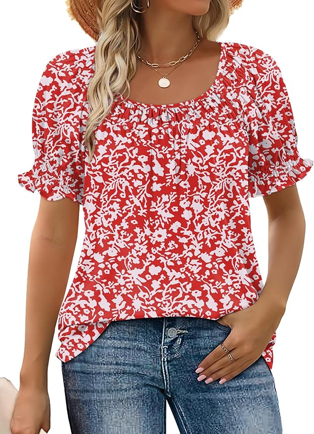 WIHOLL Womens Short Sleeve Square Neck Summer Tops Dressy Casual Blouses Trendy Clothes 2026 by WIHOLL