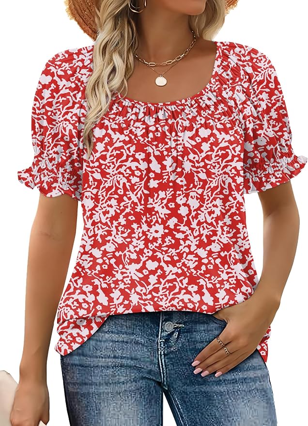 WIHOLL Womens Short Sleeve Square Neck Summer Tops Dressy Casual Blouses Trendy Clothes 2026 by WIHOLL