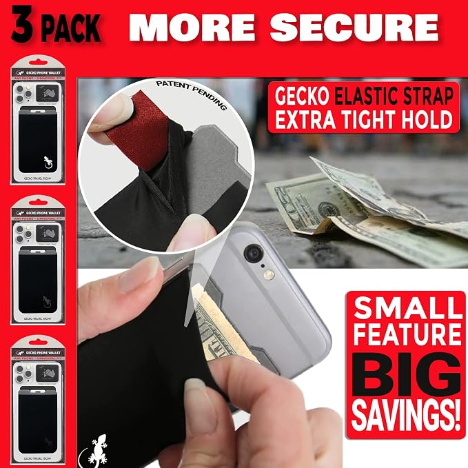 Phone Wallet - Adhesive Card Holder - Cell Phone Pouch - Stick on Lycra Pocket by Gecko - Carry Credit Cards and Cash - Image 6