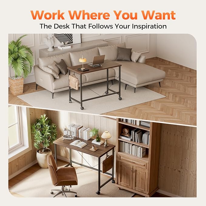 Mericonia 47x24 Inch Computer Desk with Wheels, Small Simple Rolling Desk | Writing Table for Home Office Bedroom Work Study, Walnut - Image 3