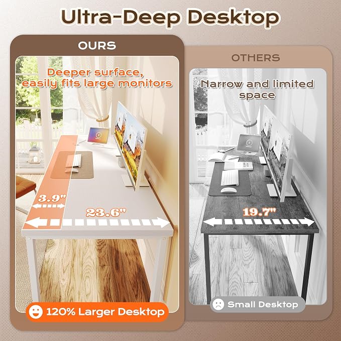 Huuger 63 x 24 inch Desk with Power Outlets & USB-C, Deeper & Thicker Desktop, Robust Metal Tubes, Computer Desk, Heavy Duty Office Desk, Work Gaming Desk, for Home Office, White - Image 7