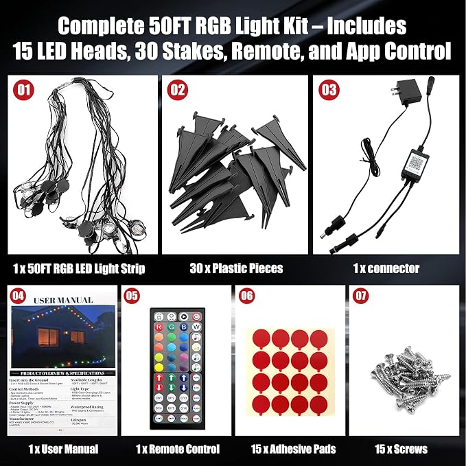 50FT 2-in-1 Eaves & Ground Stakes LED String Lights – Outdoor RGB Light with App/Remote Control for House, Garden, and Landscape – Waterproof Smart Color-Changing Lighting for Christmas, Daily Decor - Image 2