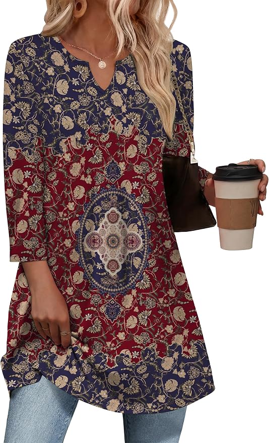 OFEEFAN Summer Boho Tops For Women 3/4 Length Sleeve Womens Tops Vacation Outfits - Image 2