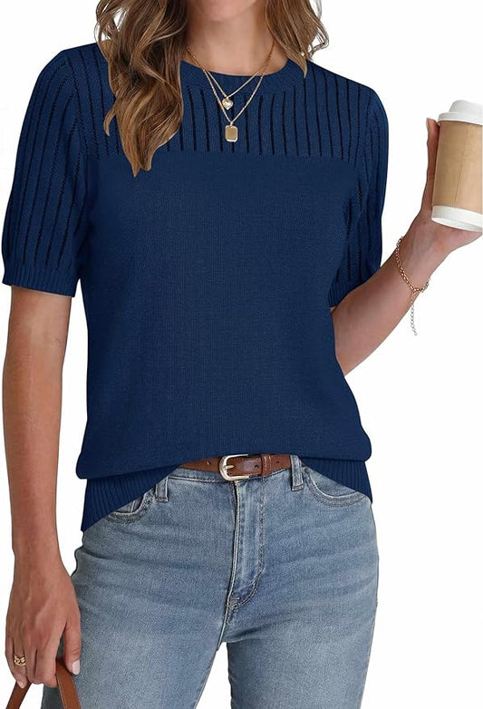 Zeagoo Women's Short Sleeve Sweater Tops 2026 Spring Summer Crew Neck Hollow Out Blouses Dressy Business Casual Outfits by Zeagoo