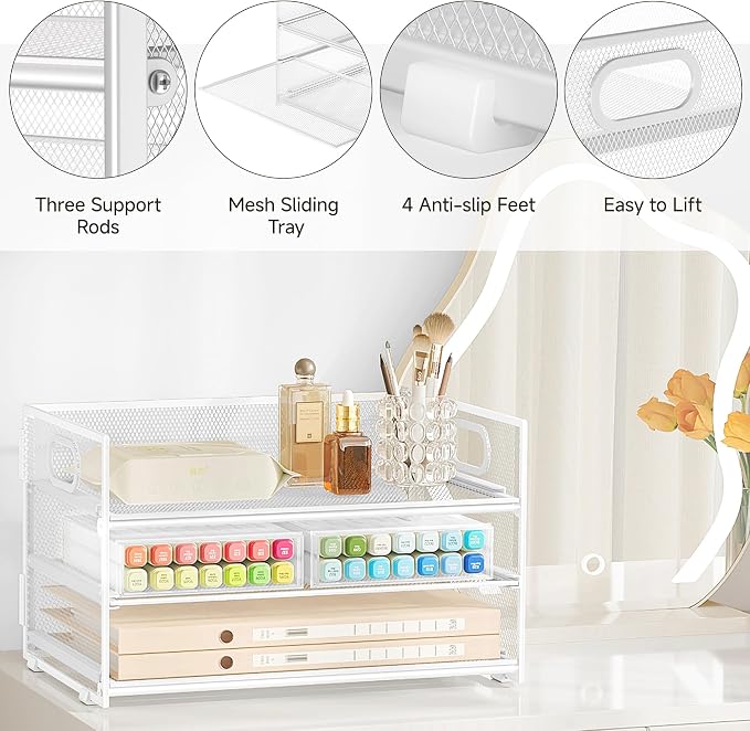 Subekyu 3 Tier Letter Tray Paper Organizer with Handle, 1 PC Sliding Tray, White Metal Mesh Desk File Folder Paper Sorter Organizer for Home Office School Desk Supplies Organization Storage - Image 6
