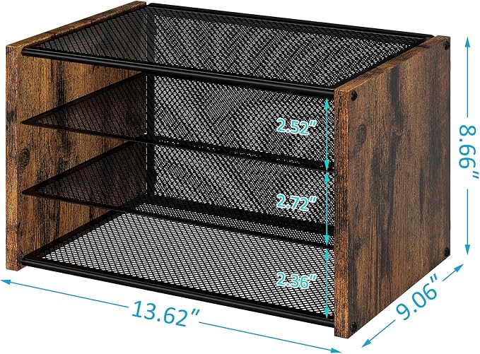 DAOUTIME 3-Tier Paper Letter Tray, Wooden Desk File Organizer, Stackable Metal Mesh Desk Organizer for Office Supplies. Small Paper Trays for Home Office School, Rustic Brown - Image 3