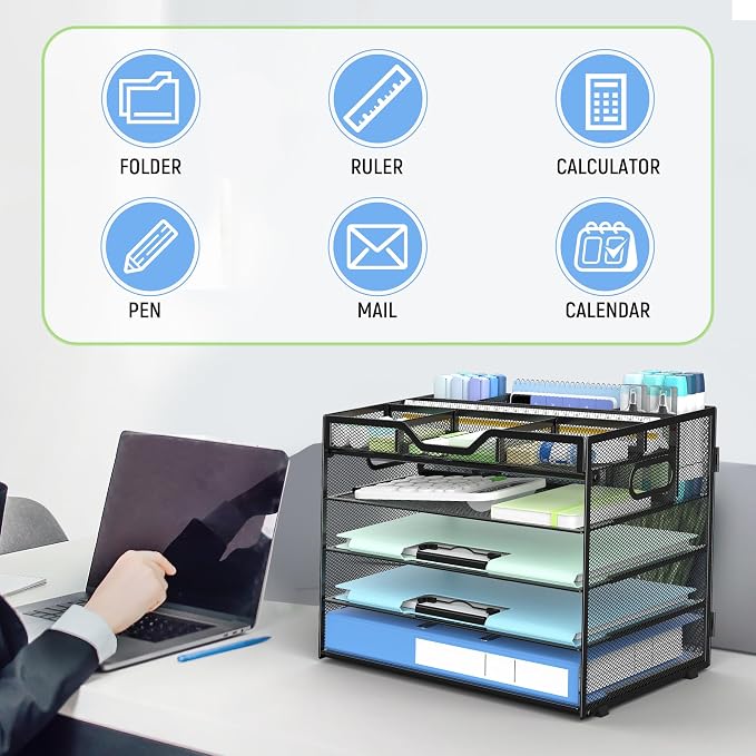 Docnest 5 Tier Mesh Desk Organizer with Removable Tray&Pen Holder, Black | Features 3 detachable pen holders and 4 removable dividers.Versatile mesh desktop storage for mail, document,office supplie - Image 7