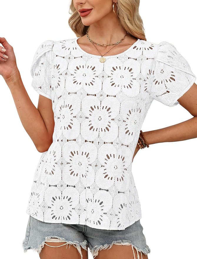 OFEEFAN Blouses for Women Dressy Casual Petal Short Sleeve Shirts Crochet Lace Boho Tops Spring Fashion Summer Outfits - Image 3