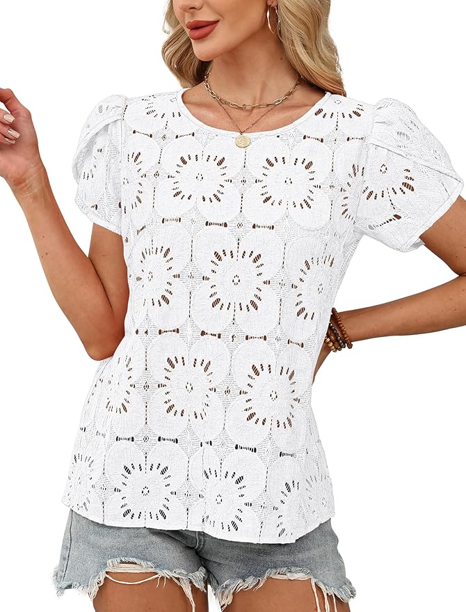 OFEEFAN Blouses for Women Dressy Casual Petal Short Sleeve Shirts Crochet Lace Boho Tops Spring Fashion Summer Outfits - Image 3