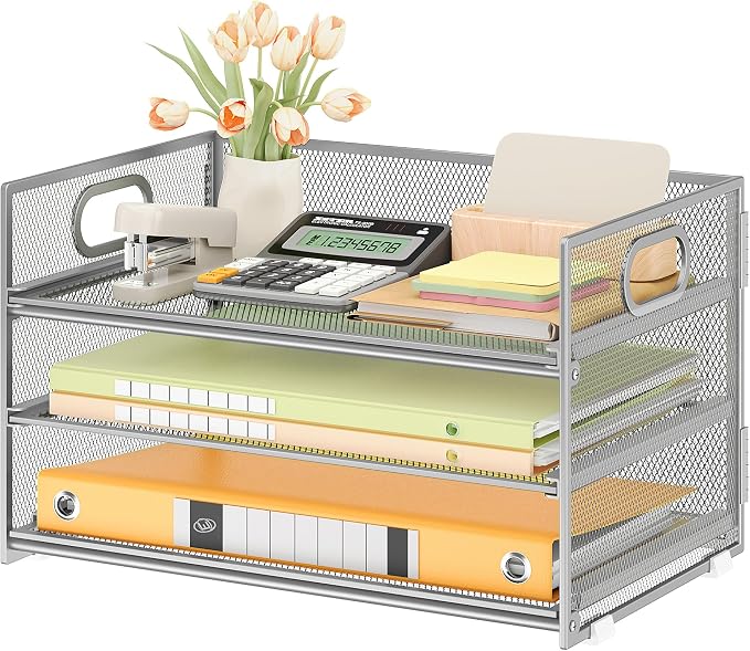 Subekyu 3 Tier Paper Desk Organizer with Handle and 1 PC Slideable Letter Tray, A4 Paper File Folder Sorter Metal Mesh Organizer for Home Office School Desk Supplies Organization Storage, Silver by SUBEKYU