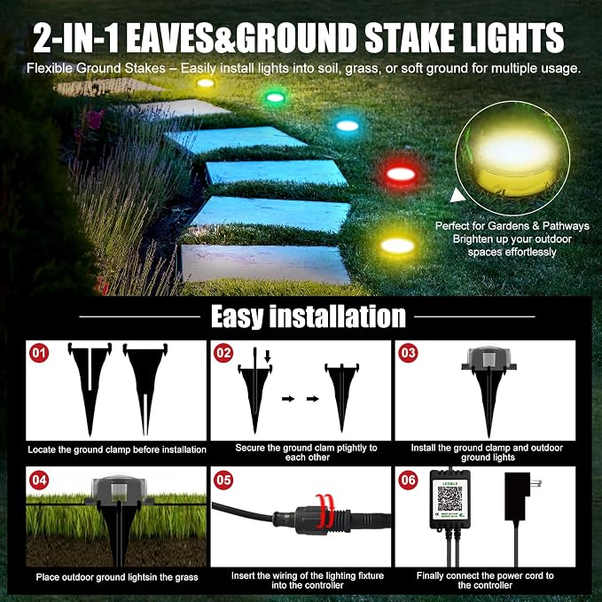 150 FT 2-in-1 Eaves & Ground Stakes LED String Lights, Outdoor RGB Light with App & Remote Control for House, Garden, and Landscape, Waterproof Smart Color-Changing Lighting for Holiday Everyday Decor - Image 3