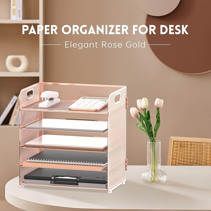 Supeasy 5 Trays Paper Organizer Letter Tray with Handle-Mesh Desk File Organizer, Paper Sorter Desk Organizer for Office, Home or School (Rose Gold) - Image 2