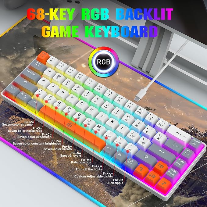 Snpurdiri 60% Percent Gaming Keyboard (68 Keys, White-Grey-Orange) | Ergonomic Compact RGB Backlit Small Gaming Keyboard for Windows, PC, Laptop - Image 7