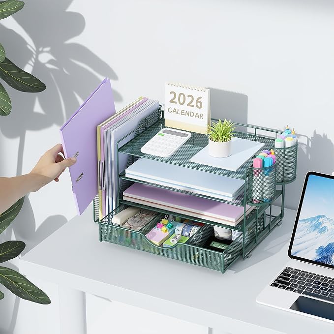 gianotter 4-Tier Desk Organizer with Drawers, File Holders, Letter Trays and Pen Holders - Workspace Accessories for Office Supplies (Green) - Image 6