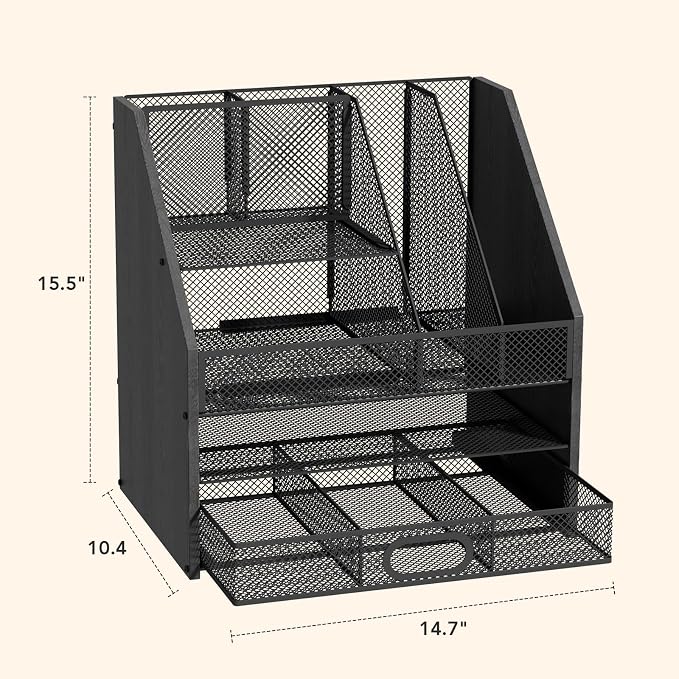 Homsorout Wooden Desk Organizer - Mesh File Organizer with Drawers and Pen Holder - 4-Tier Vertical Paper Letter Storage Tray, Desktop Organizers and Accessories for Home Office (Black - Image 4