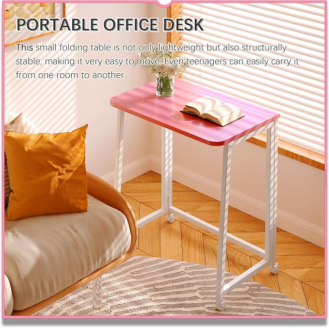 4NM 23.6" Mobile Small Folding Desk, Foldable Rolling Computer Home Office Desk, Study Writing Table for Small Space Saving Bedroom, with Wheels - Pink and White - Image 4