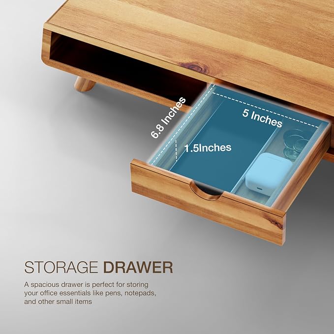 TINAMO Acacia Wood Monitor Stand with Drawer - Wooden Monitor Riser for Desk - Computer Monitor Stand for Desk - Multi-Purpose Desktop Storage Stand for Computer; Laptop; Printer; TV - 24.4 " x 8" x 5" (Patented) - Image 4