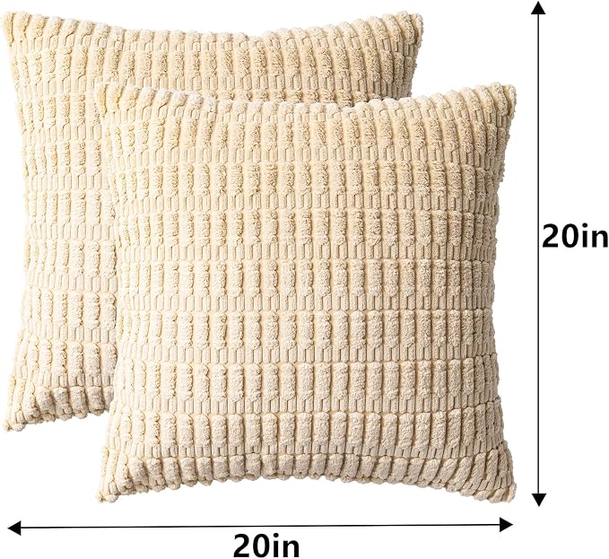Aegero Pack of 2 Corduroy Decorative Throw Pillow Covers 20x20 InchSoft Boho Striped Pillow Covers Modern Farmhouse Home Decor for Sofa Living Room Couch Bed（Beige） - Image 7