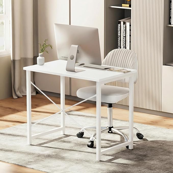 Sweetcrispy 32-Inch Small Computer Desk for Bedroom, White, 2 Pack | Gaming Writing Work and Study Desk for Home Office, Sturdy Metal Frame and Compact Modern Design with X-Shaped. - Image 2