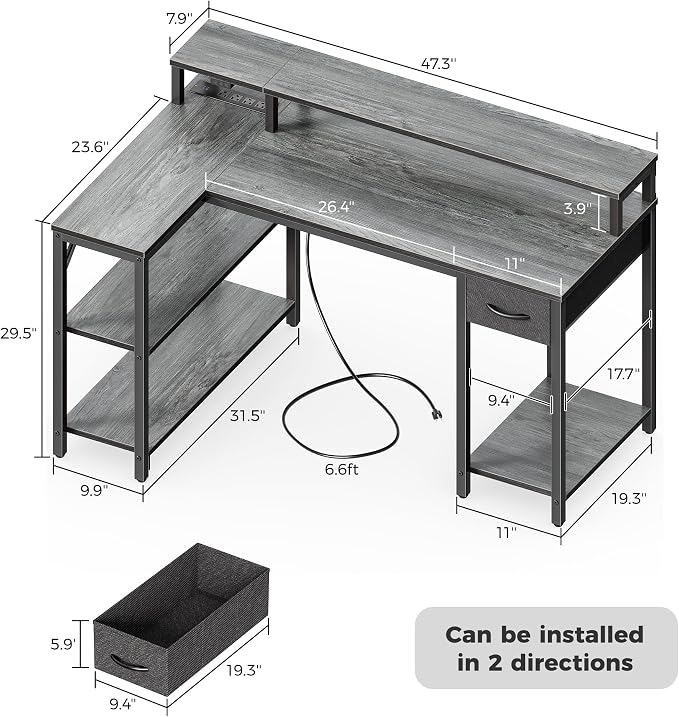 SUPERJARE 47 inch Reversible L Shaped Desk with LED Lights & Power Outlets, Computer Desk with Shelves & Monitor Stand, Gaming Desk with Drawer, Home Office Desk Corner Desk, Grey - Image 7