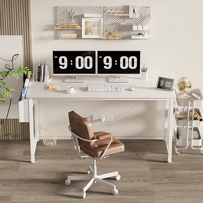 Lufeiya White Computer Desk with Power Outlet, 55 inch Teen Study Table Home Office Work Writing Gaming Desks with Charging Station Outlets Built in, White - Image 2