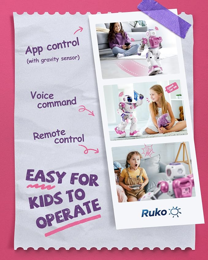 Ruko 1088 Interactive Robot Toy, Gifts for Boys & Girls Ages 4-9, Pink | Large Programmable Robot, Music & Dance, Rechargeable, Remote Control & App Control & Voice Command, Gifts for Boys & Girls - Image 6