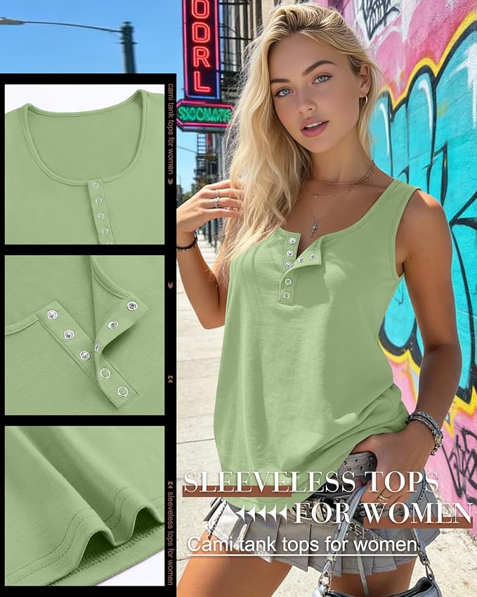 Ficerd 3 Pack Women's Henley Tank Tops Sleeveless Button Down Summer Shirts 2026 Casual Trendy Loose U Neck Tee Blouses - Image 5